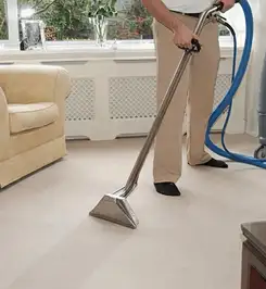 Professional carpet cleaner using a hot-water extraction wand and hose machine in a living room in Buffalo, NY.