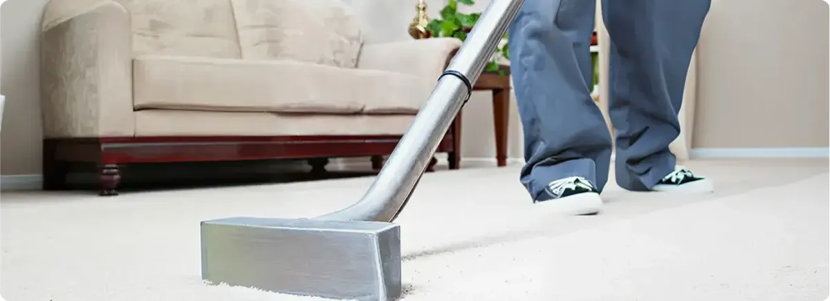 Carpet cleaning technician using a hot-water extraction wand on a light-colored carpet in a living room, Buffalo, NY.